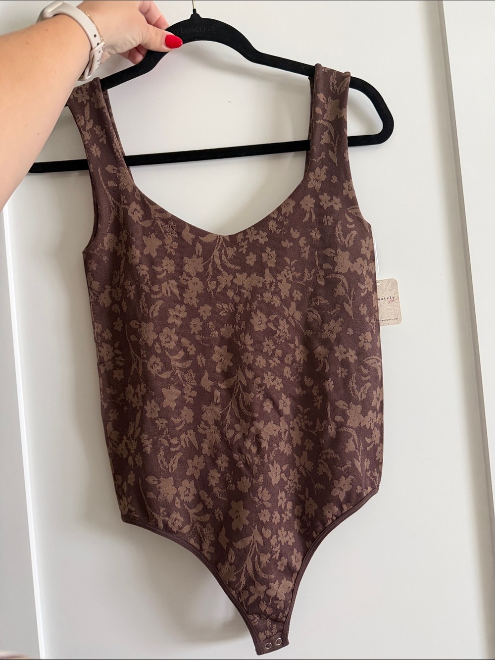 Brown Floral Jacquard Scoop Neck Bodysuit